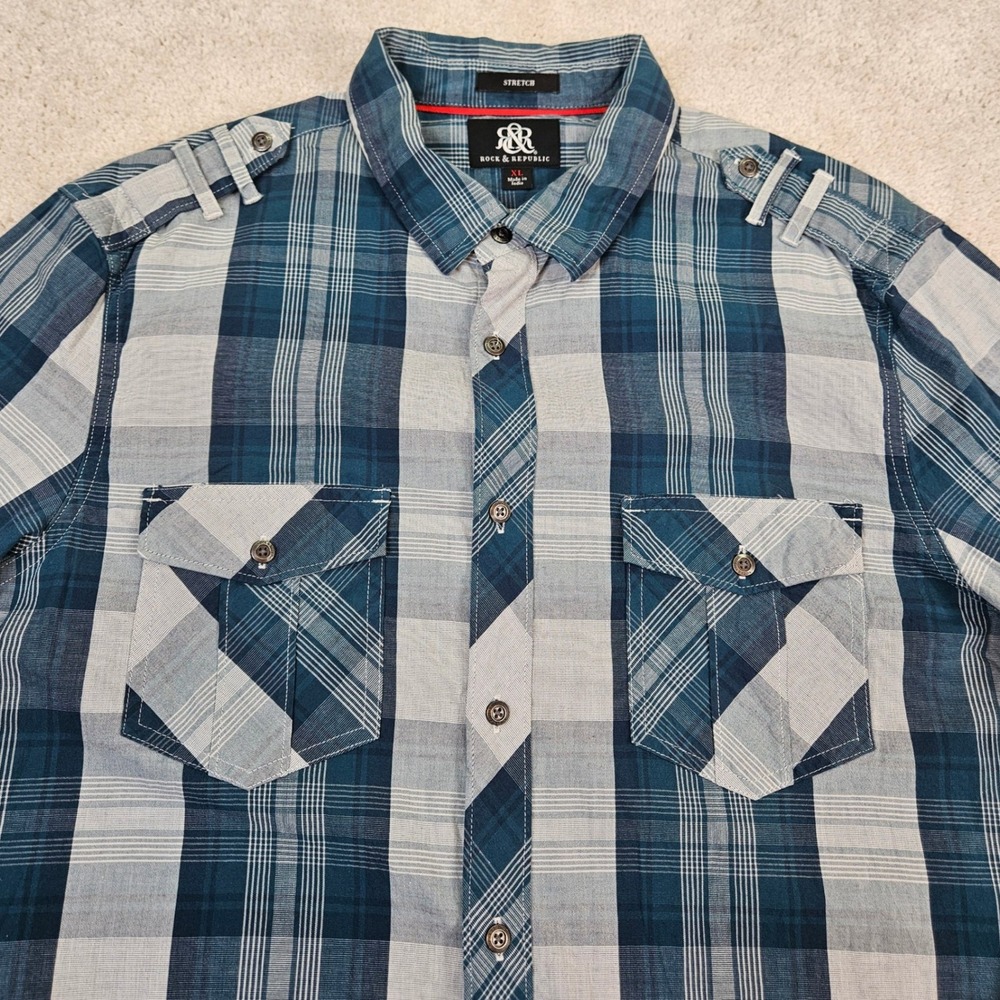 ROCK REPUBLIC Mens Plaid Long Sleeve Button Up Shirt Stretch XL Rugged Americana - Picture 4 of 9